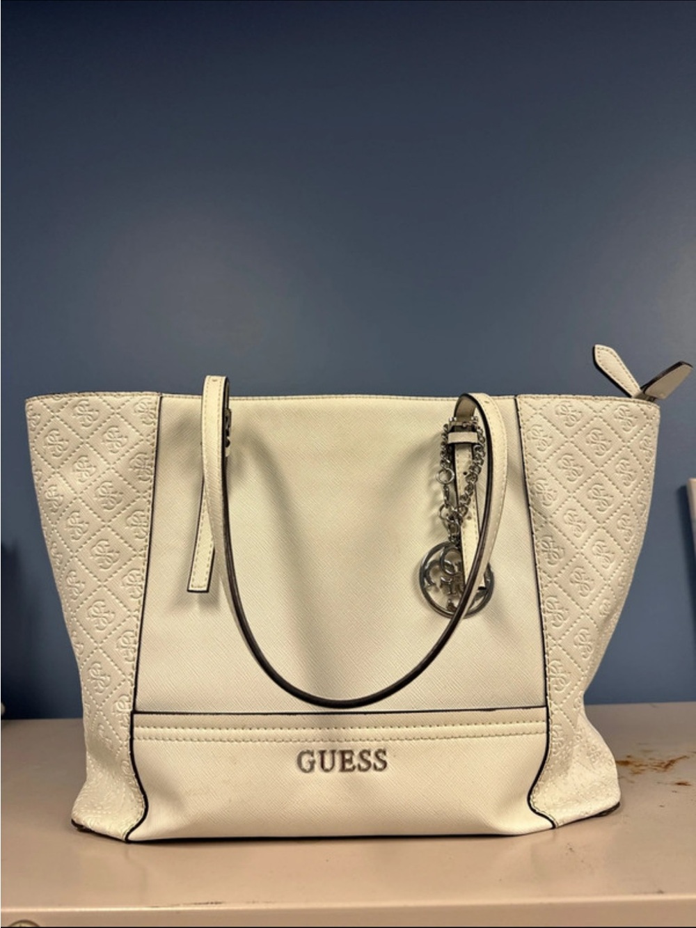 GUESS Cream Quilted Logo Tote with Silver Charm